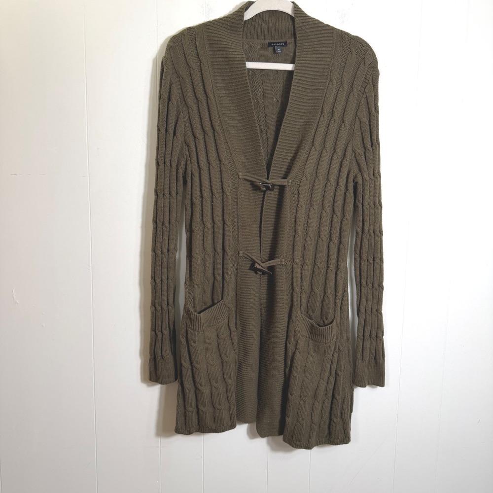 Talbots Olive Green Cable Knit Longline Toggle Cardigan Wool Blend Womens Medium